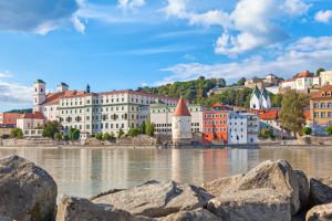 Schaibling Tower and Buildings Near Danube River